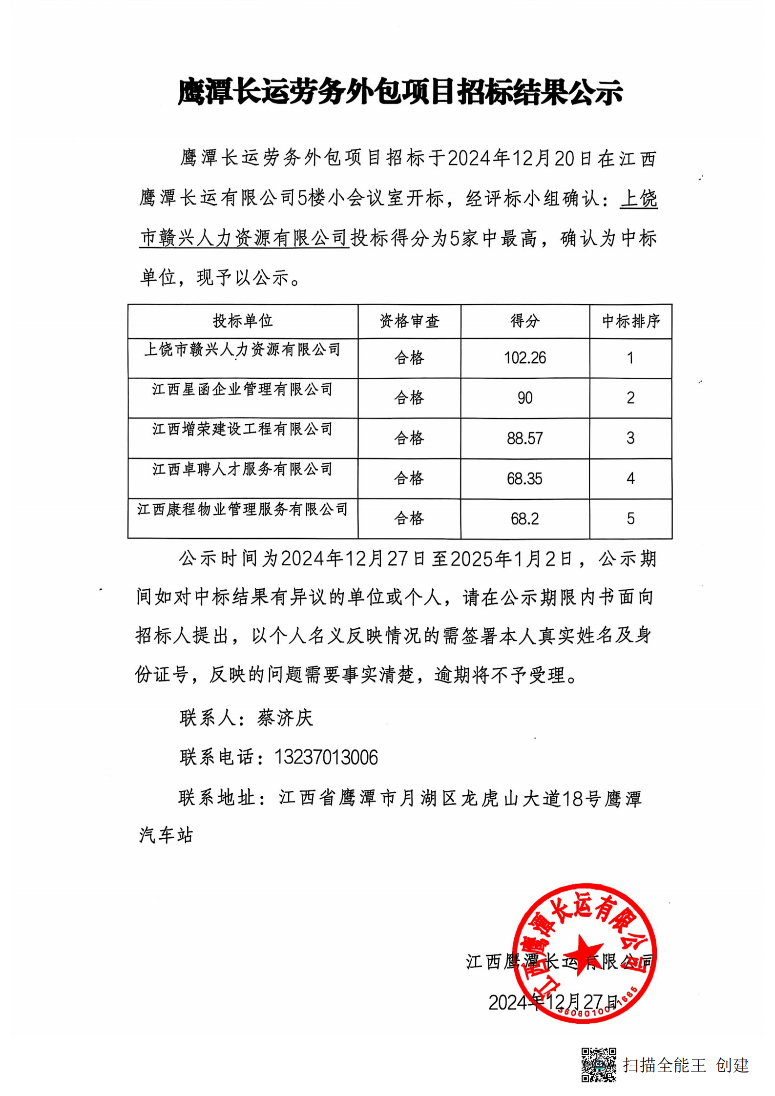 鷹潭長運(yùn)勞務(wù)外包項目招標(biāo)結(jié)果公示20241227