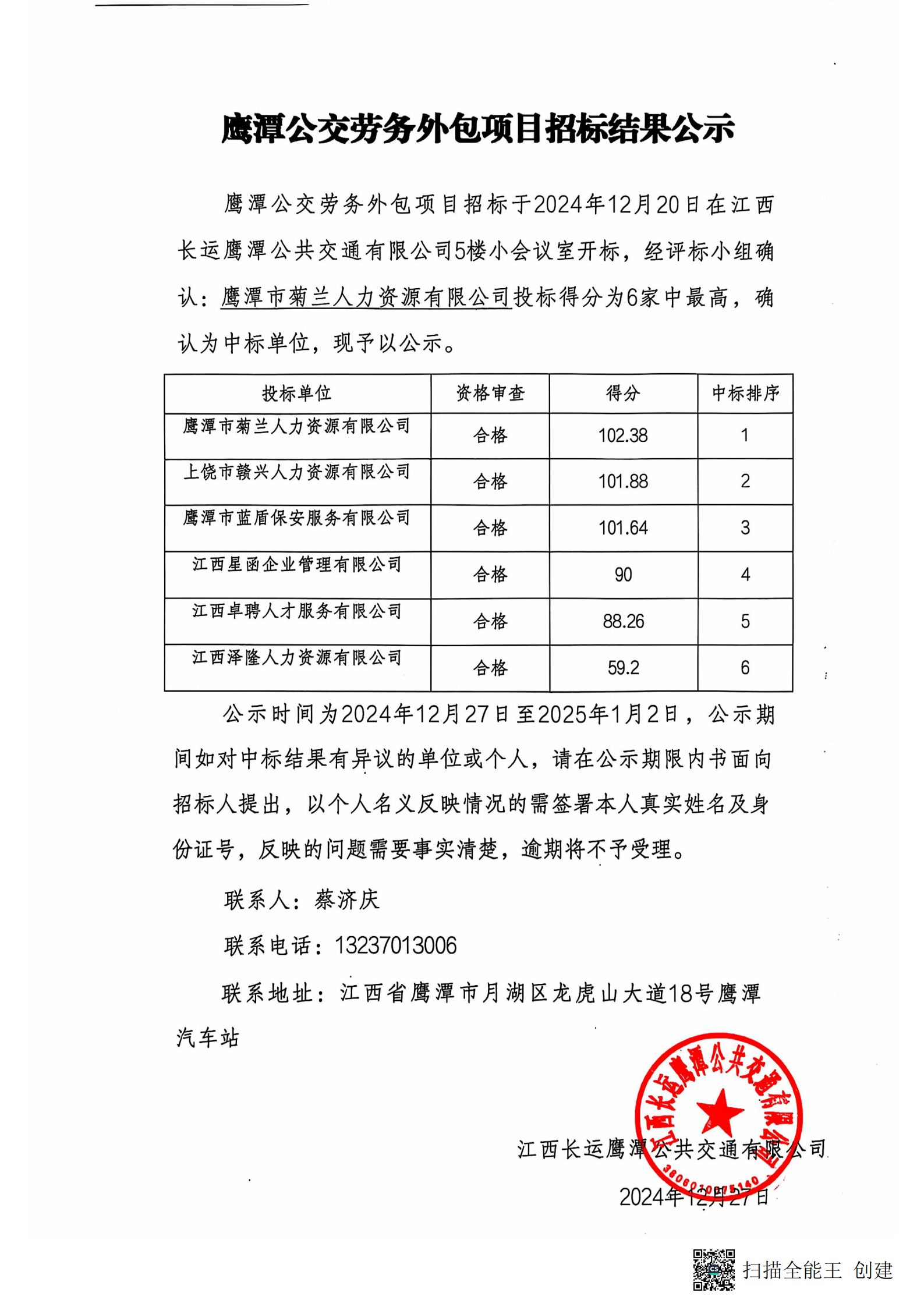 鷹潭長運(yùn)勞務(wù)外包項目招標(biāo)結(jié)果公示20241227